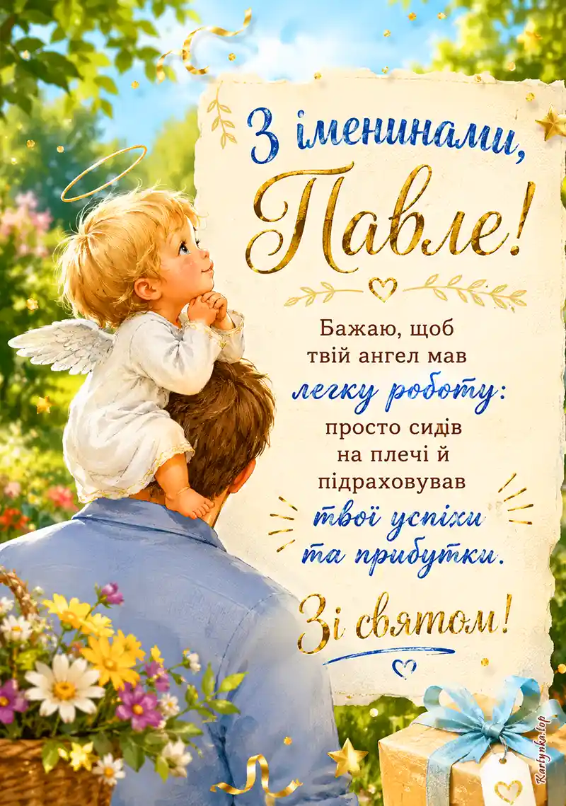 Вітальна листівка на іменини Павла з ангелом