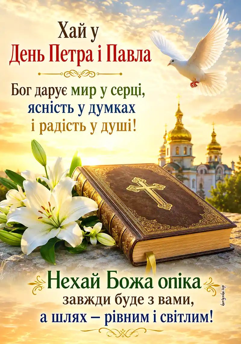 Красива листівка з Днем святих апостолів Петра і Павла у жовто-блакитних кольорах