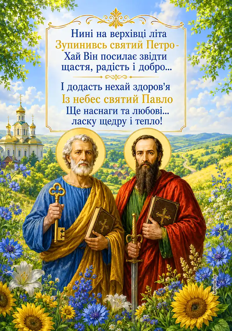 Картинка з Днем Петра і Павла з святковим привітанням українською мовою