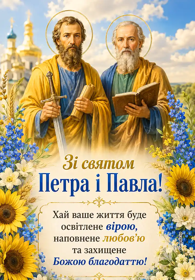 Картинка з привітанням на День Петра і Павла у світлих літніх тонах
