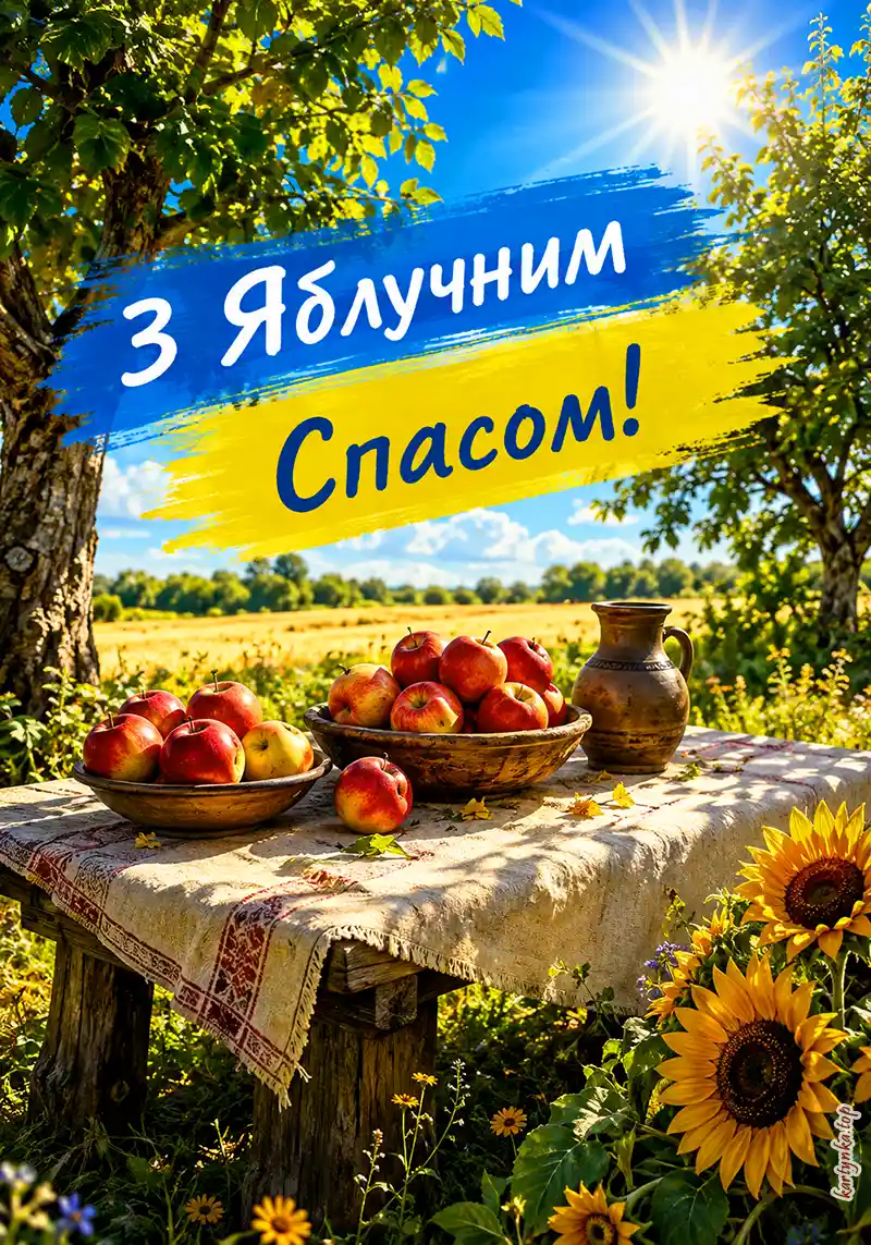 Привітання з Яблучним Спасом на красивій листівці.